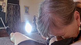 Granny Carmen Intensely Sucks Metal Cock With Gloves.