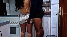 Stepfather catches brunette in kitchen for intense fucking while mom works