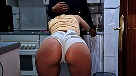 Stepfather catches brunette in kitchen for intense fucking while mom works