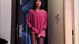 asian ladyboy masturbates her dick, flashes it to the woman, and cums