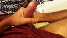 Jerking off huge cock in bedroom