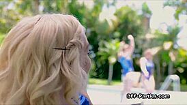 Three sexy gymnasts blow cock outdoors