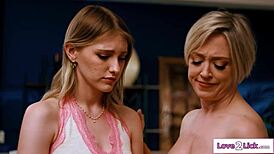 big tits cougar stepmom tongues teen stepdaughter's pussy