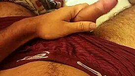 Jerking off huge cock in bedroom