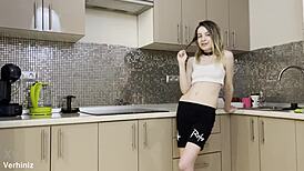 Stepsisters get anal fucked roughly in the kitchen by brother's lucky friend