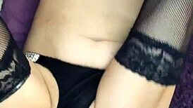 The beautiful lingerie accentuates the skinny wife's slender body.