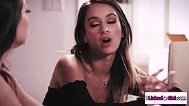 Abigail, brunette babe, licks her secretary's pussy orally