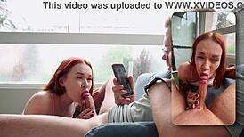 Stepbro records cute redhead teen girlfriend riding and moaning in quickie doggystyle