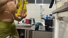 Live in kitchen, mini skirt flashing swollen pussy