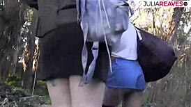 Hairy lesbians venture into the forest for wild pussy licking and fingering