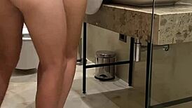 brunette babe gets fucked doggystyle in bathroom at college party creampie