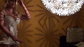 Sexy blonde in a retro tease and solo.