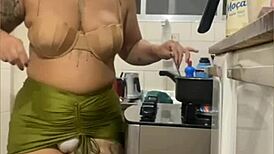 Live in kitchen, mini skirt flashing swollen pussy