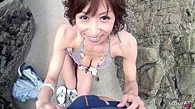 Anorexic Japanese Gilf POV Blowjob at Beach