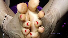 Intense petite mistress dominates with sweaty feet and red toenail polish