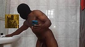 Amateur masturbates solo in the bathroom after intense sessions with sugar mummy.