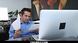 Hey, the neighbor freeuses hot stepmom and stepdaughter during paperwork! 😏