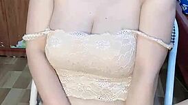 Glassed vietnamese girl masturbates