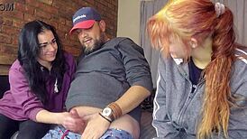 Two Shy Girls Teasing Massive Cock in Group Play