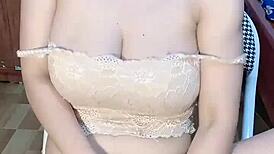 Glassed vietnamese girl masturbates