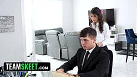 She lets her boss creampie her at work.