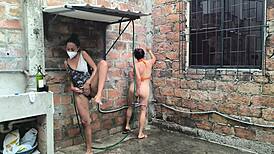 My neighbors' diplomacy crumbles as we unite in the shower, bodies thrilling under spraying water and flashing skin.