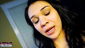 Skinny brunette coed sabrina sucks cock and swallows cumshot