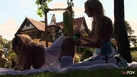 Outdoor lesbian sex with skirts up and dildo fucking wet cunts