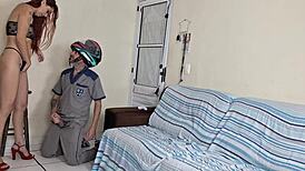 i send my wife to recieve the deliveryman in just panties, so skinny and old