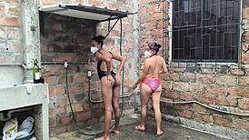 My neighbors' diplomacy crumbles as we unite in the shower, bodies thrilling under spraying water and flashing skin.