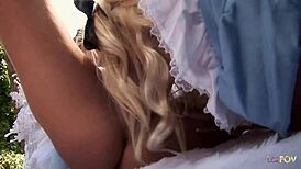 Outdoor lesbian sex with skirts up and dildo fucking wet cunts