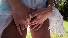 Outdoor lesbian sex with skirts up and dildo fucking wet cunts