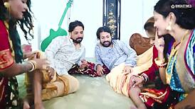 Indian jamindar brothers share their four wives in a real gangbang with hindi audio