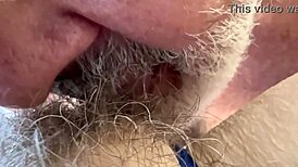 Missionary cunnilingus with ultra-closeups of my creampie