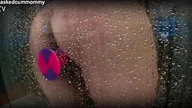 Spied on my chubby roommate using new dildo in shower. Almost dropped phone avoiding detection.