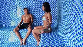 big ass colombian milf fucks young guy in public sauna until cum on face