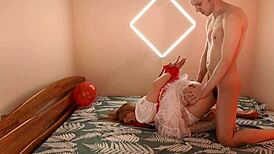 Amateur deepthroat and hard anal sex with girl in red costume