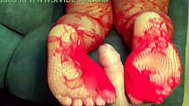 curvy chubby housewife teases neighbor with footjob in red stockings while husband travels