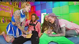 alternative costume anal 4-some with 2 on 2 double penetration, facefucking, and facial cumshot