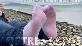 Beautiful nylon feet in jeans outdoor compilation