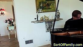 black stepdaughter bent over piano for doggystyle