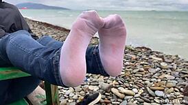 Beautiful nylon feet in jeans outdoor compilation