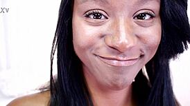 lexxi gives ebony pov blowjob to big white dick, swallowing cum load hands-free