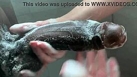 I, a horny college white coed, worship huge big black cock in shower masturbation