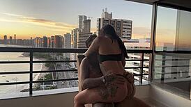 Brunette Babe Enjoys Passionate Cowgirl Sex At Sunset.