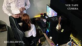 Cuckold wife unaware of secretary's blowjob