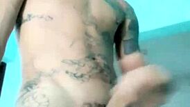 Slim guy shows his toy in living room