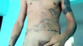 Slim guy shows his toy in living room