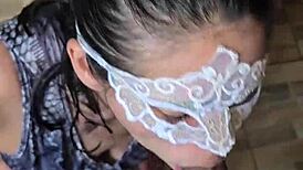 the sexy sailor girl hotwife gives blowjob until she gets cum on her face, facial, natural tits visible