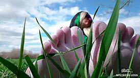 Goddess displays cute curly toes in white socks beneath jeans on spring grass field